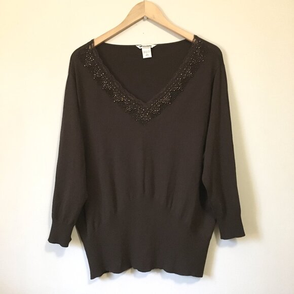 Peter Nygard Tops - Nygard Collection Rayon High Banded Waist Bead + Lace Collared Top